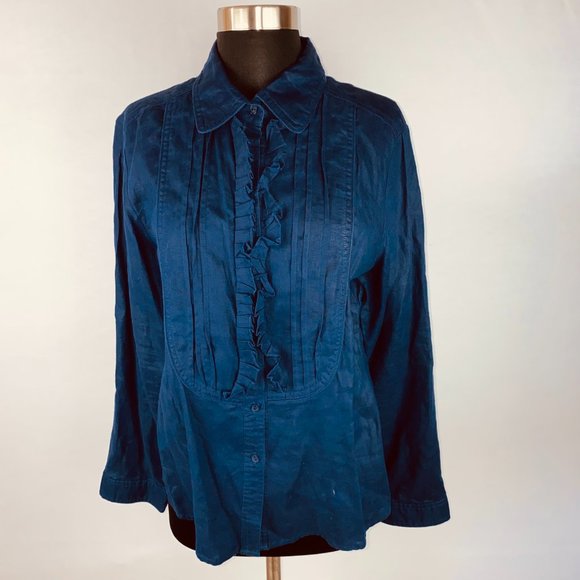 Carole Little Blue Linen Ruffle Neck Top L - Flaw - Picture 1 of 7